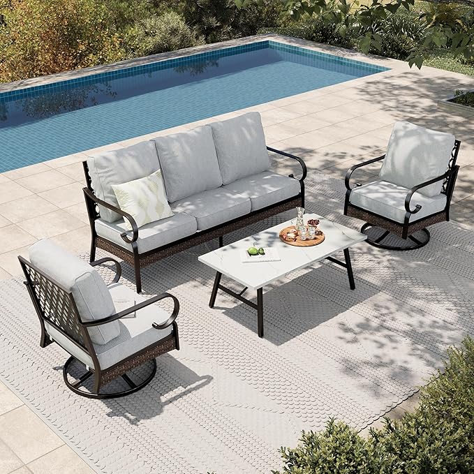 HERA'S HOUSE 4 Piece Metal Patio Furniture Set, All Weather Outdoor Conversation Set with 3 Seat Sofa, 2 Swivel Chairs & Coffee Table, Seats 5 for Backyard, Garden, Deck, Light Grey