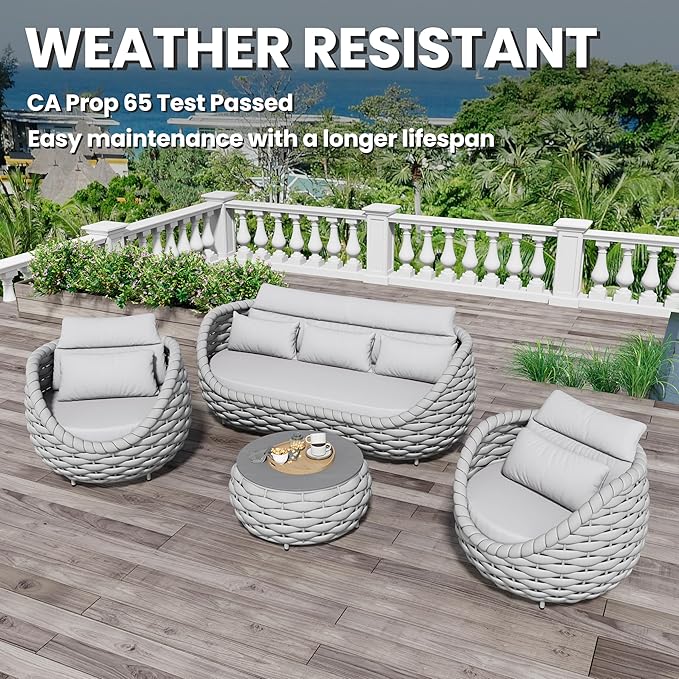 Erotr Woven Rope Patio Furniture Set: 4 Pieces Aluminum Outdoor Conversation Sofa Set Assembled - Modern Couch Set Cushioned - All Weather Metal Porch Seating for 5 Person Deck Garden Pool Hotel, Gray