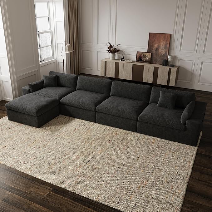 160'' Oversized Boneless Sectional Couches for Living Room, Deepseat Boneless Cloud Modular Sectional Sofa with Ottoman, No Assembly Required L-Shape Cloud Sofa, Plush Fabric, Black