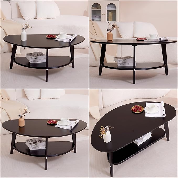 NAVREX Mid Century Modern Coffee Table, Oval Coffee Tables with Storage for Living Room, 2 Tier Solid Wood Center Table, Black Coffe Tables, Easy Assembly, 40.2" D x 22" W x 17.7" H