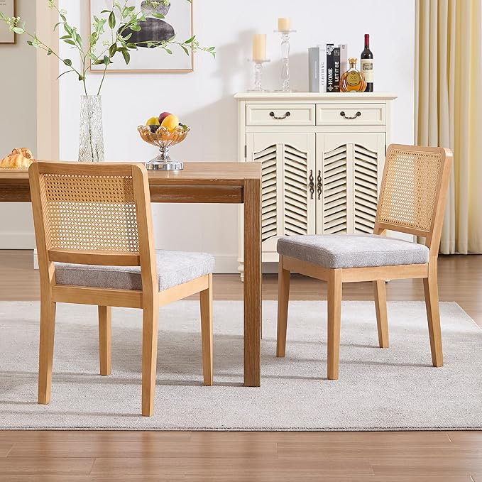 Farmhouse Rattan Dining Chairs Set of 4, Mid Century Modern Kitchen & Dining Room Chairs, Rectangle Cane Upholstered Kitchen Chairs Side Chairs with Natural Wooden Legs, Grey Chenille