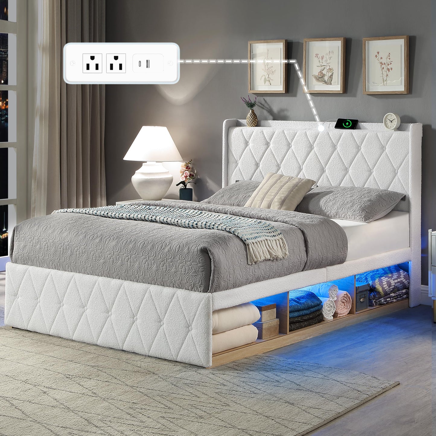 DynJest Queen Size Bed Frame with 6 Storage Cabinet and LED Lights, Boucle Upholstered Button Tufted Headboard - Includes Charging Station, Noise-Free, No Box Spring Needed, (Modern Style) White