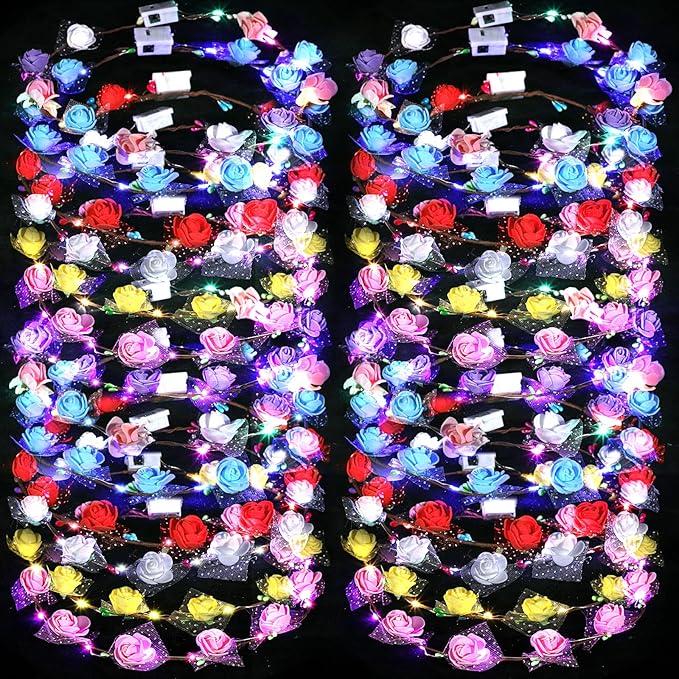 Chumia 35 Pcs LED Flower Crowns Light up Flower Crown Bulk Headbands Headpieces Rose Hair Accessories for Women Wedding Re...
