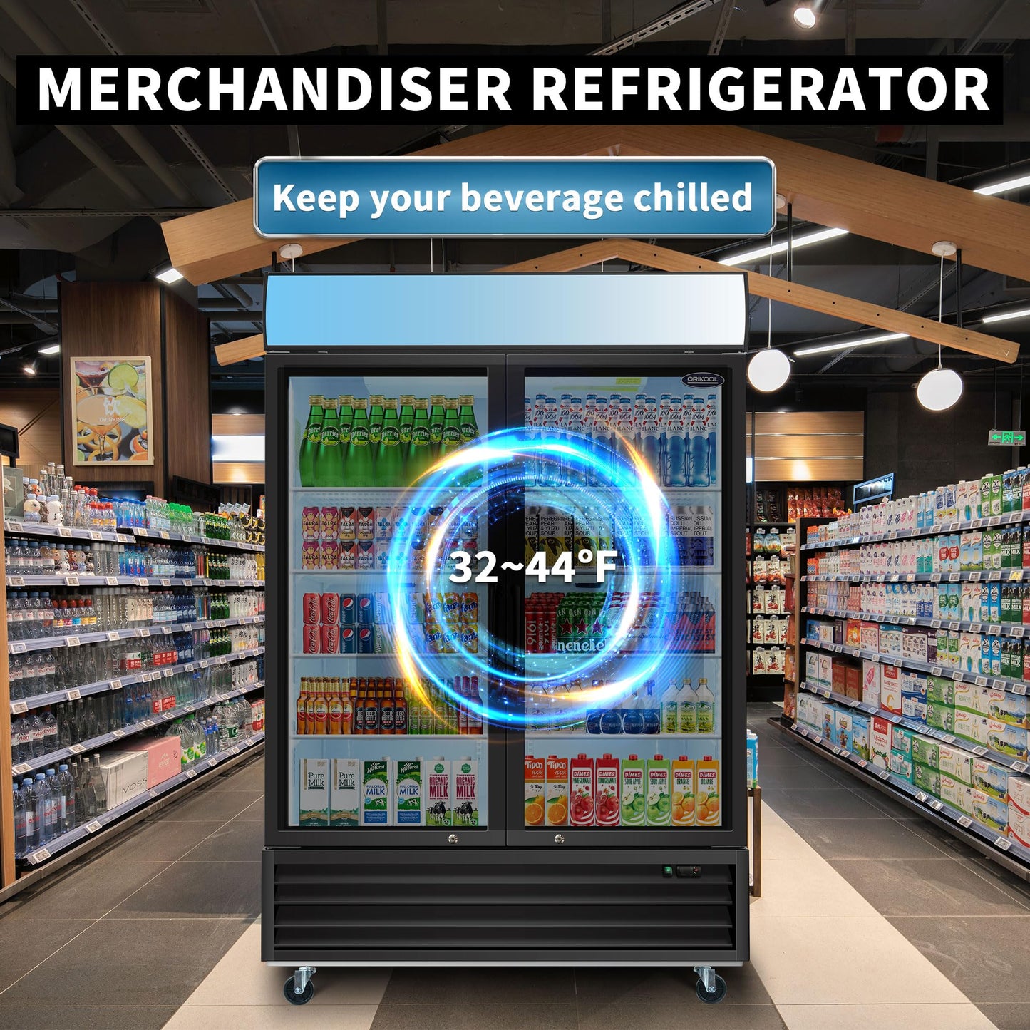 44.7 Cu.ft Glass Door Display Commercial Refrigerator,Beverage Refrigerators with Adjustable Shelves and Defrost System,LED Light,4 Universal Casters,for Restaurant Grocery Stores Home,Black