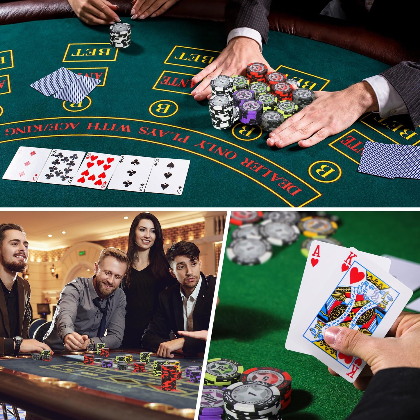 ORIENGEAR Poker Chip Set with Denominations, Comes with 500 PCS 14 Gram Clay Composite Casino Chips, 2 Decks Cards, Aluminum Case & Game Tablecloth for Texas Holdem, Blackjack & Gambling Games