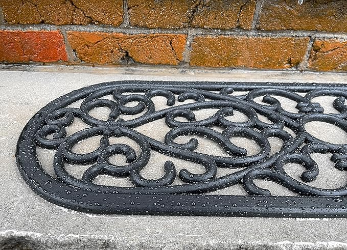 Set of 4 Rubber Stair Tread Mats 30 x 10 Inch Anti-Slip Outdoor Rug, Black – Scroll Pattern