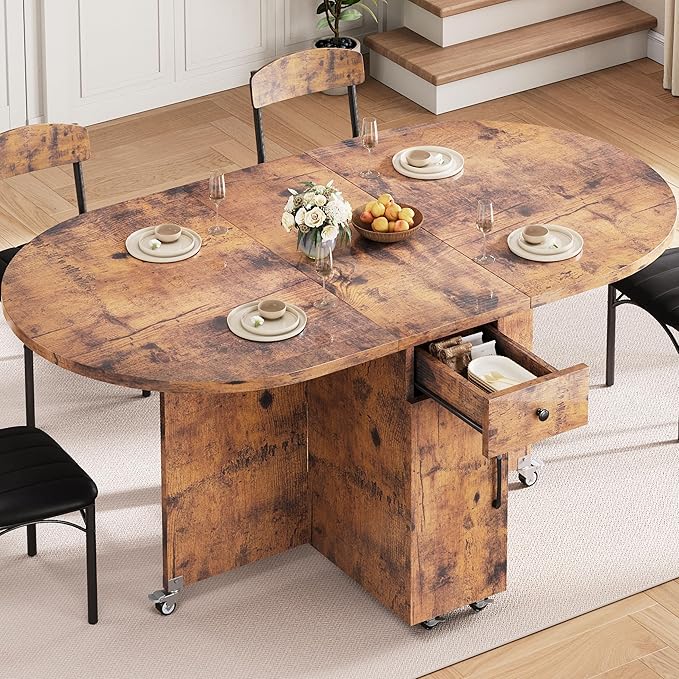Jocoevol Folding Dining Table for 4 Kitchen Dining Room DinnerTable with Storage Drawer Space Saving Oval Foldable Drop Le...