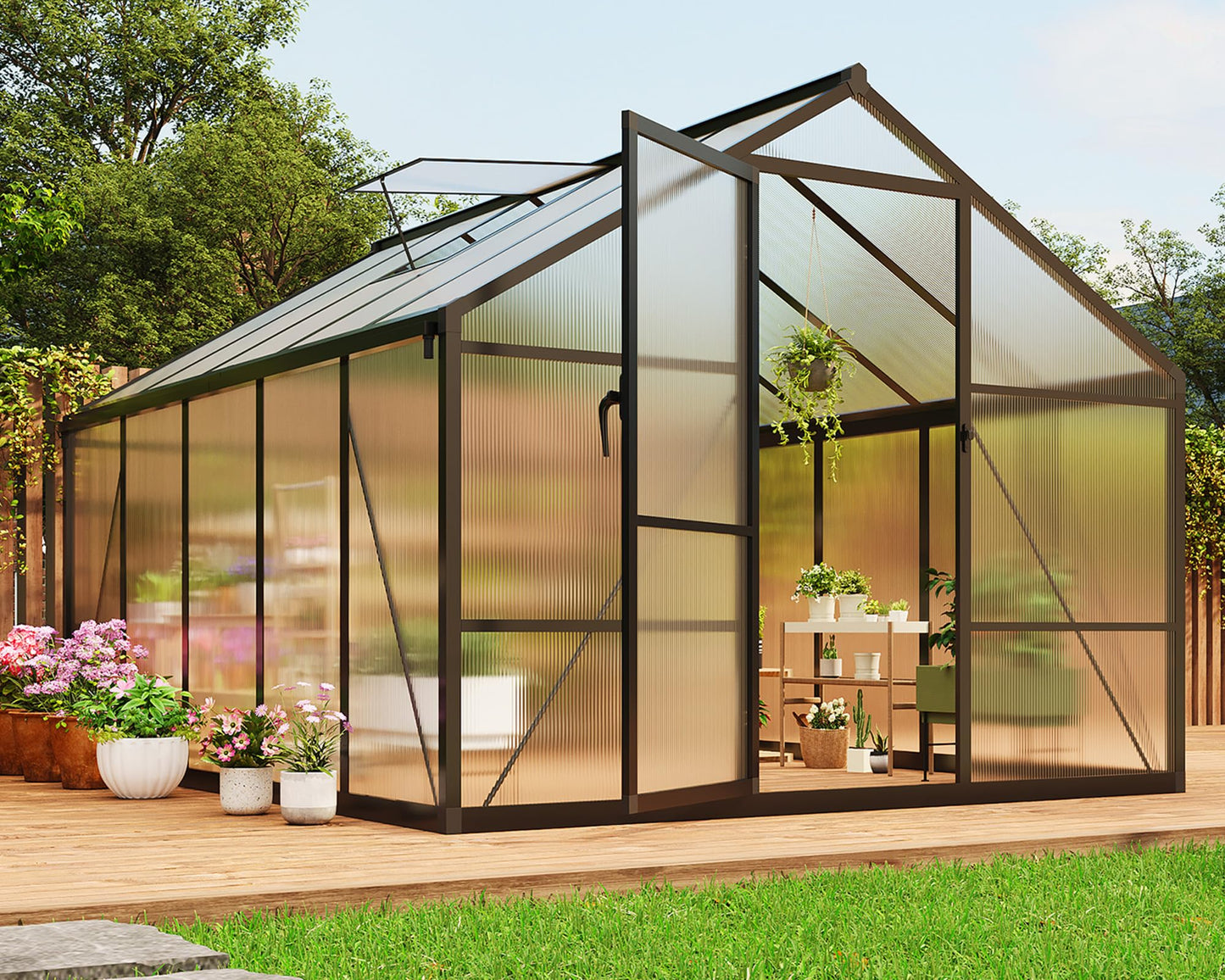 8X10FT Greenhouse, Aluminum Polycarbonate Outdoor Green House, Green Houses for Outside with Sliding Doors, Ajustable Roof Vent, Withstands Bad Weather for Garden, or Backyard, Black