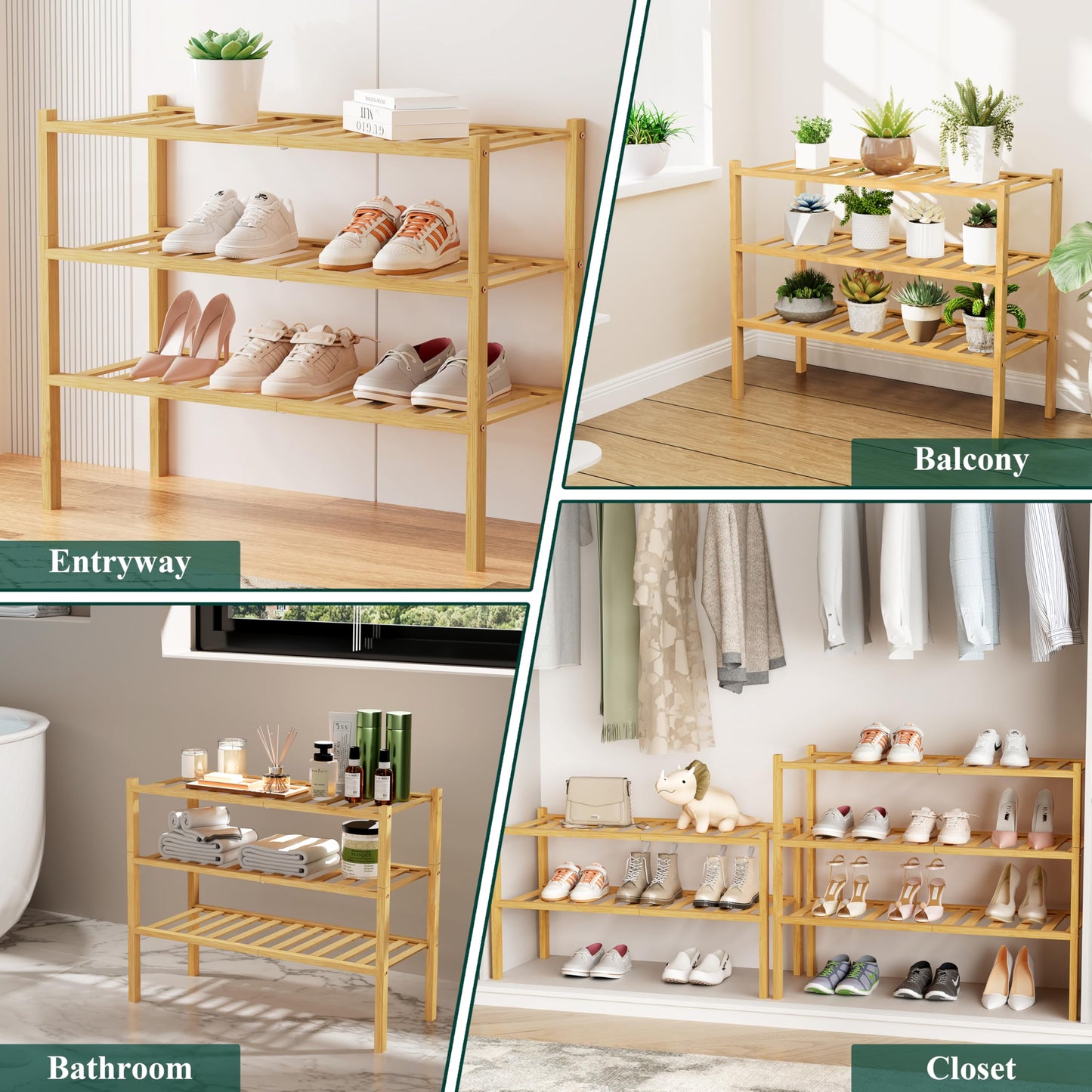 Smiry Shoe Rack, 3 Tier Bamboo Shoe Organizer, Stackable Free Standing Wooden Shoe Storage Shelf for Closet, Entryway, Front Door Entrance, Natural