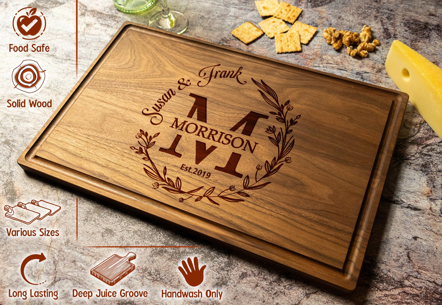 Silveroy Custom Wood Cutting Board Gift:Perfect Wedding & Anniversaries! Personalized Charcuterie Cheese Board for Couples, Friends, & Family. Ideal for Christmas, Bridal Shower, Housewarming