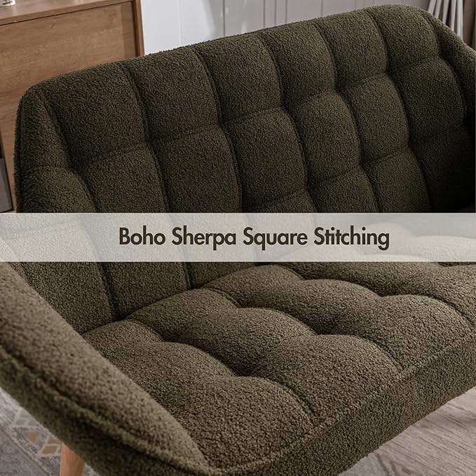 Hyfirm Small Loveseat Sofa, 48 inch Sherpa Love Seat for Living Room Comfy Mini Couch with Wood Legs for Small Spaces Bedroom Apartment Office, Dark Green
