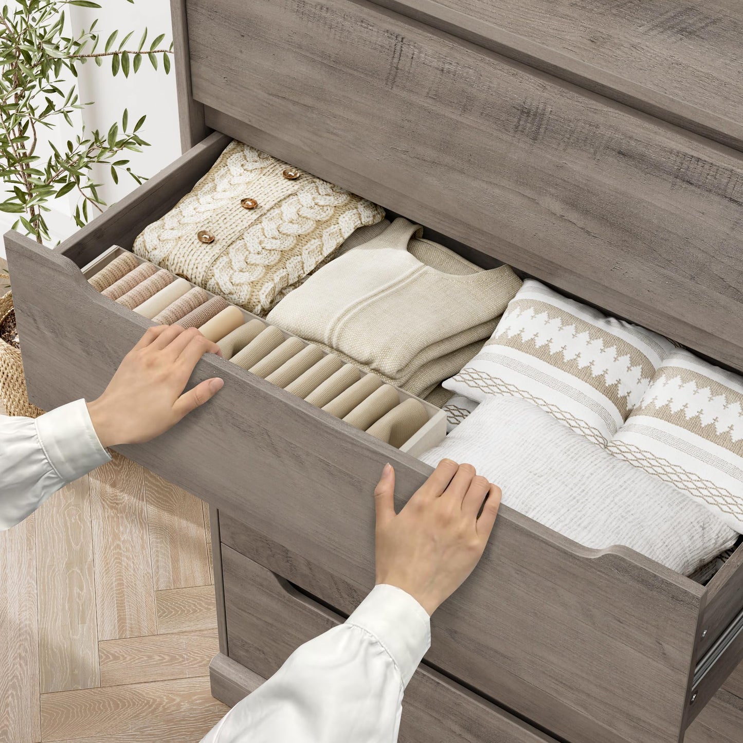 HOSTACK 43.3" Tall Modern 5 Drawer Dresser for Bedroom, Large Chest of Drawers with Storage, Wood Clothes Storage Organizer with Cut-Out Handle, Accent Storage Cabinet for Living Room, Ash Gray