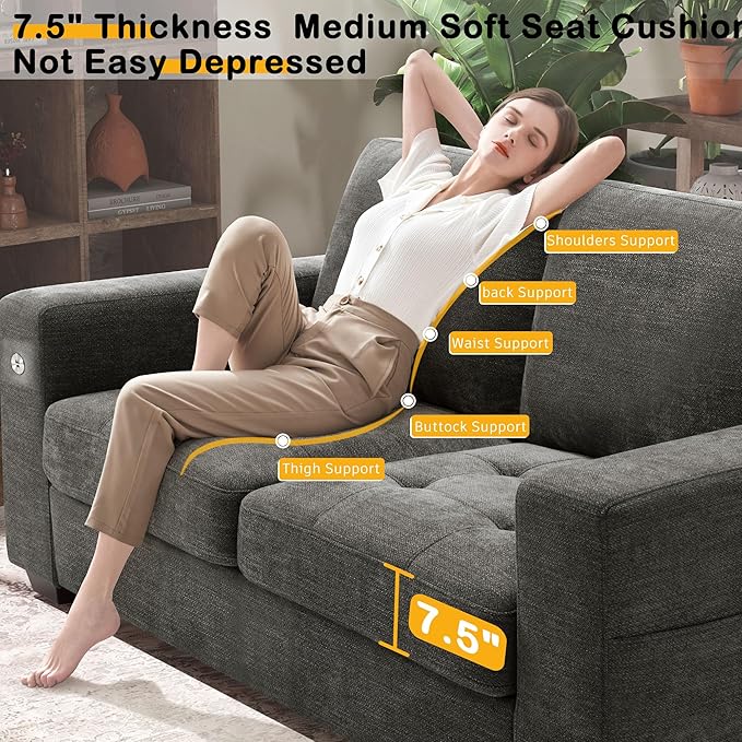 Hanherry 70" Sofa for Living Room, Modern Comfy Couch with Medium Firm Seat Cushion, Removable Cover,Wide Armrest,USB/Type-C Port,Chenille Fabric Couches for Small Space,Apartment