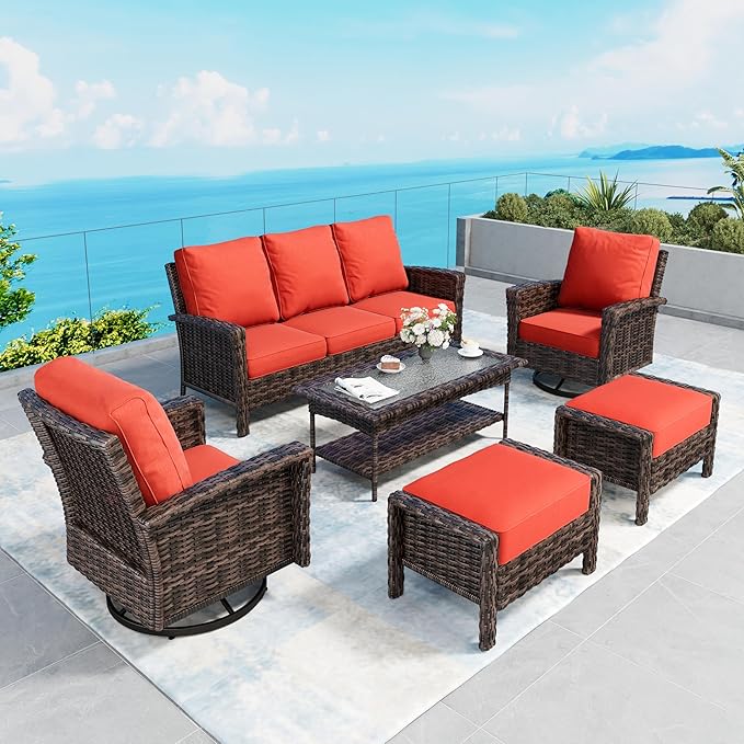 SUNSHINE VALLEY 6 Piece Patio Furniture Set with Swivel Chairs, High Back Wicker Rattan Sofa with Extra Thick Cushion, Coffee Table and Ottoman, Outdoor Conversation Set for Backyard Deck,Red