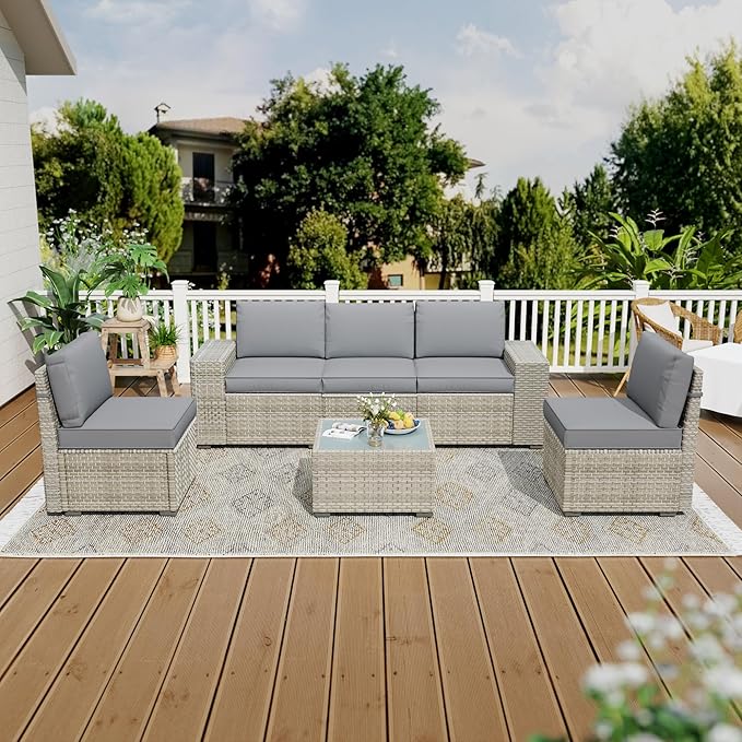 Broivira 6 Piece Patio Furniture Set, 9.8" Wide Arm Sectional Sofa with Storage Armrests, All-Weather Rattan Outdoor Conversation Set for Garden, Porch, Lawn, Backyard, Balcony, Grey