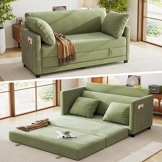 kakuboohi 65" Loveseat Sleeper Sofa Bed, Chenille Convertible Floor Sofa Bed for Small Spaces, Folding Couch Bed with Deep Seat, 2 Pillows & Solid Frame, Pull Out Floor Couch for Living Room, Green