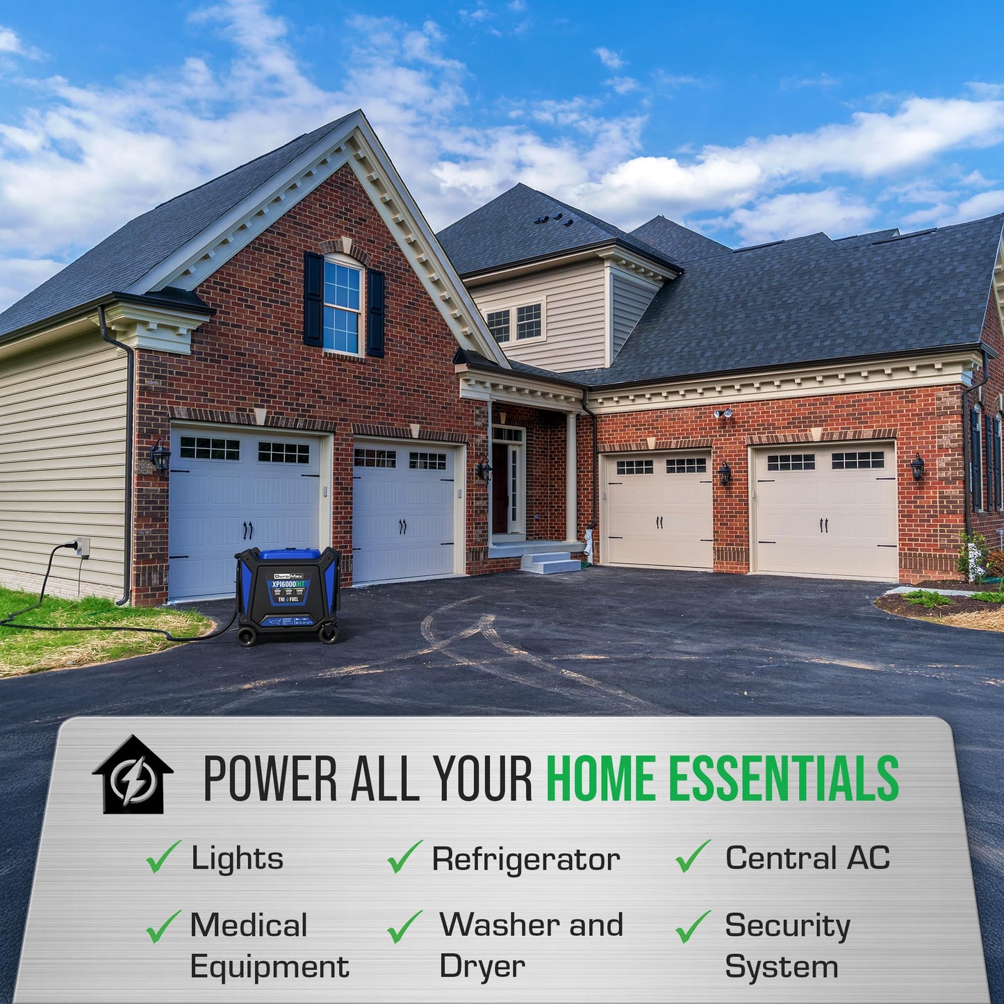 DuroMax XP16000iHT 16,000-Watt Tri Fuel Portable Digital Inverter Generator - Gas, Propane & Natural Gas, Remote Electric Start, Whole Home Power Backup, Transfer Switch Ready, RV & Emergency Ready