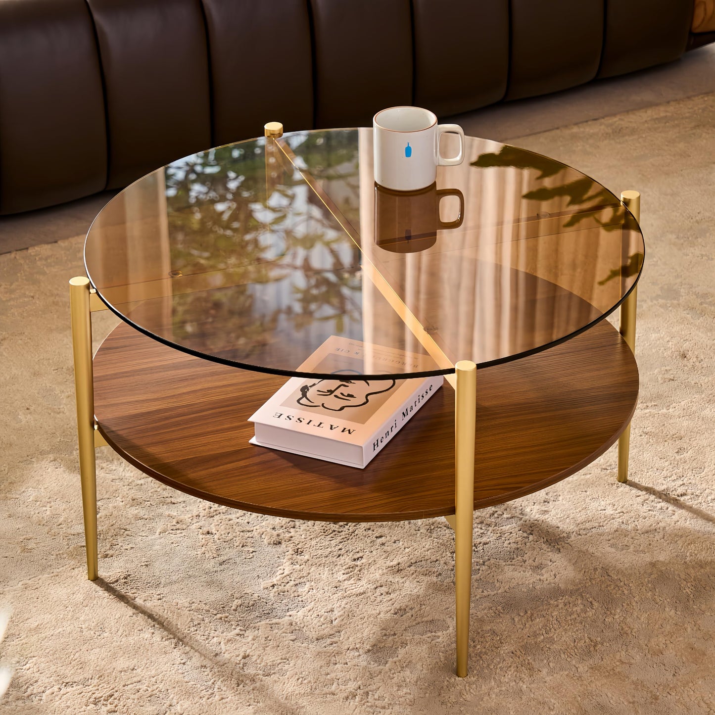 Shrine Round Glass Coffee Table, Mid-Century Modern Design, D30 x H17 in, 2-Tier Structure, Amber Glass Top and Walnut MDF Shelf, Sleek Conical Metal Legs with Gold Finish