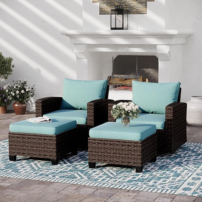 SUNSHINE VALLEY 4-Piece Patio Furniture Set with Swivel Chairs, Rattan Wicker Outdoor Furniture with 2 Swivel Glider Chairs and 2 Ottomans, Outdoor Lounge for Small Patio, All-Weather Design, Blue