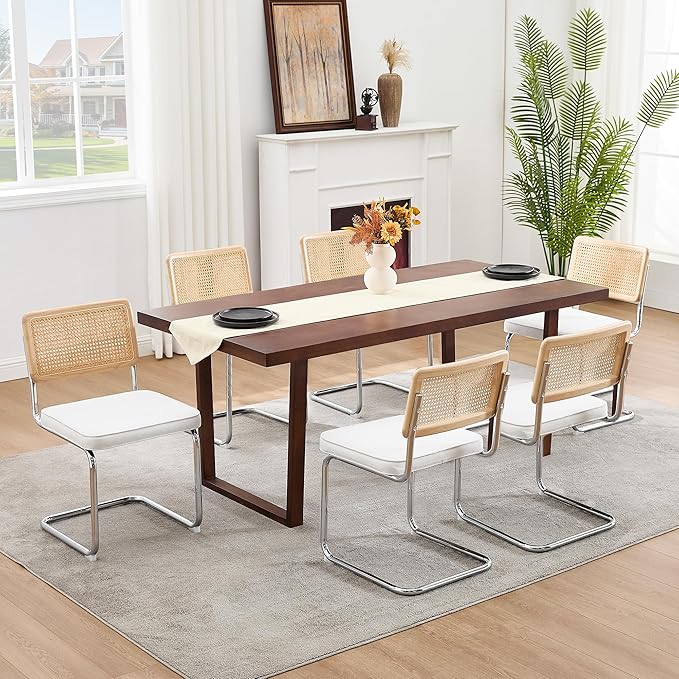 Zesthouse Rattan Dining Chairs Set of 6, Mid Century Modern Dining Room Chairs with Natural Cane Mesh & Chrome Base, White Cesca Chair Velvet Fabric, Farmhouse Kitchen Chair with Solid Wood Frame Back