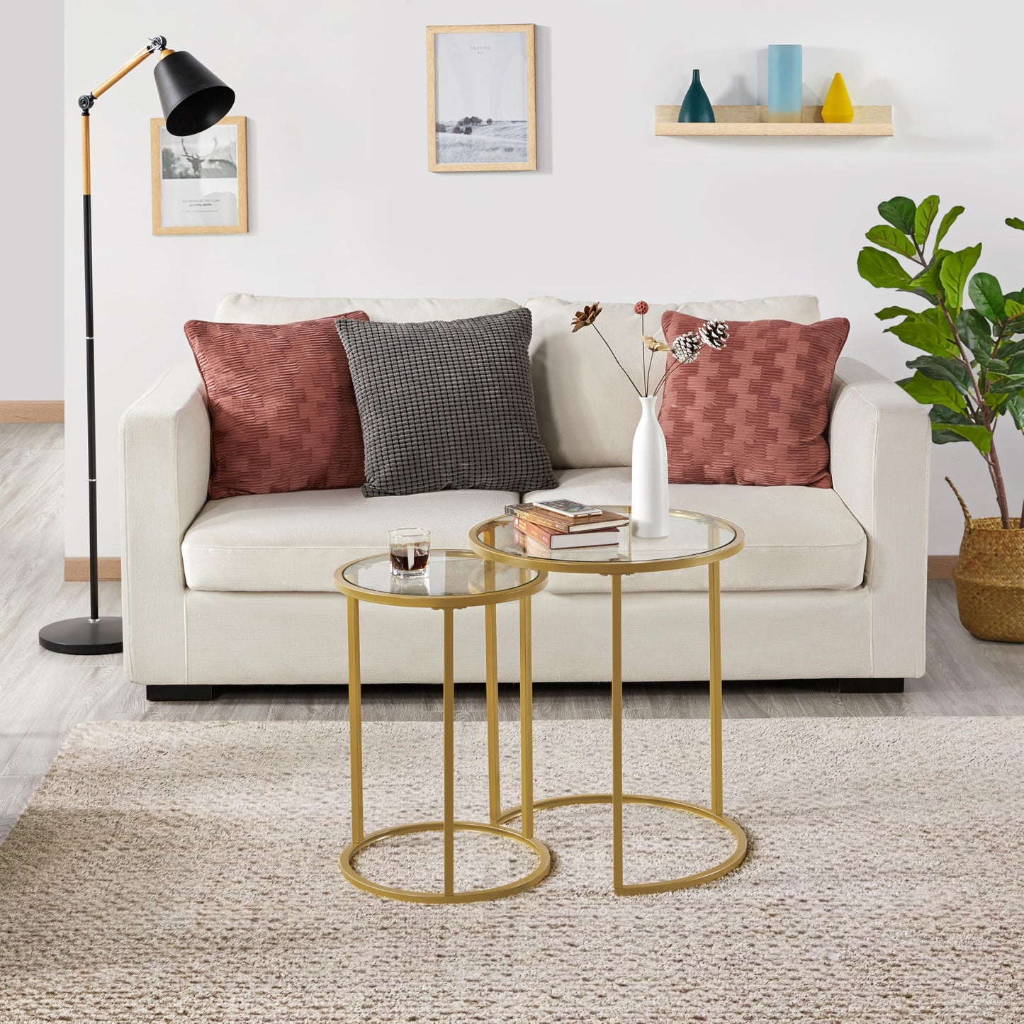 Yaheetech Round Nesting Coffee Tables Set of 2, Glass Top Side Table End Tables with Metal Frame for Living Room Bedroom Office, Gold