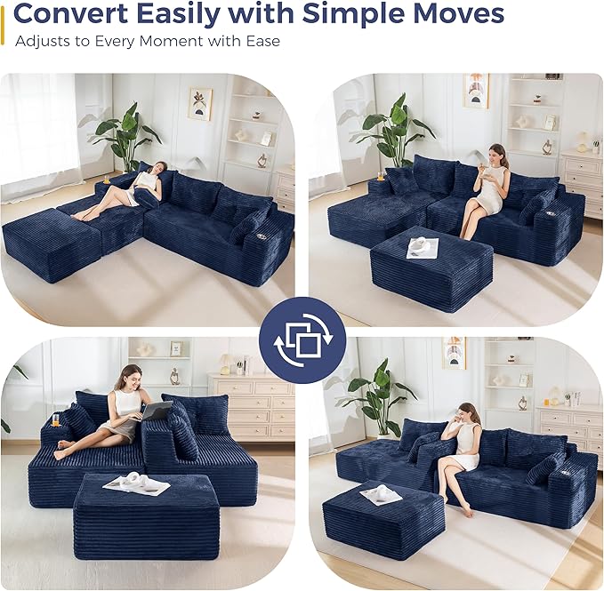 MAXYOYO 104" U-Shaped Modular Sectional Couch, Modern Boneless Couch for Living Room, Sofa in A Box, Oversized Sofa Sleeper with Deep Seat, No Assembly Required, Navy