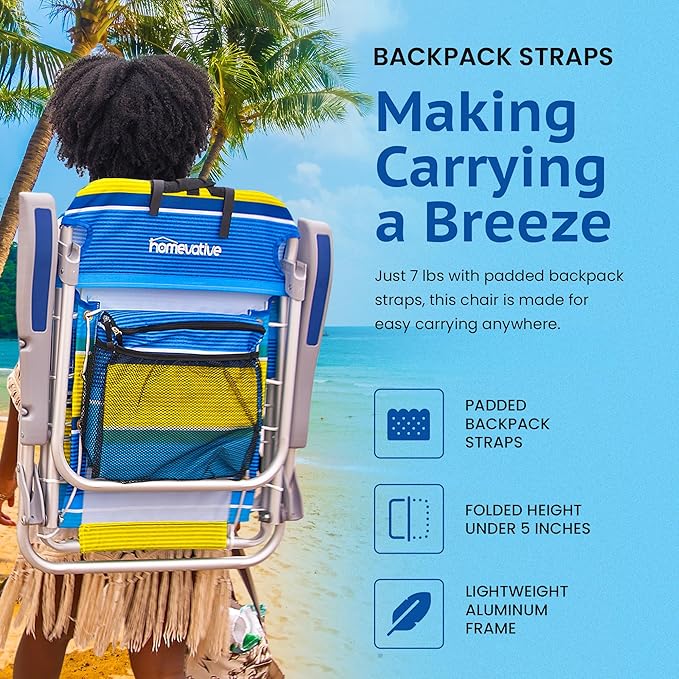 Homevative Cooler+ Folding Backpack Beach Chair with 5 Positions, Towel bar, XL Cooler Pouch, Storage Net, Cup and Phone Holder, Sunshine, 2 Pack