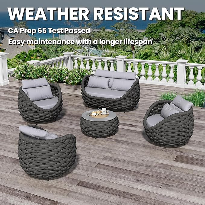 Erotr Fully Assembled Patio Furniture Set: 5 Pieces Woven Rope Outdoor Conversation Set Cushioned - Modern Metal Deck Loveseat Chair Table Set - Porch Seating for Courtyard Garden Pool Balcony Hotel