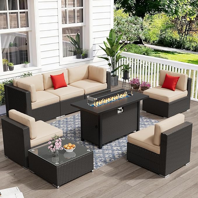 Crownland 8-Piece Outdoor Patio Furniture Sets with 45” Propane Gas Fire Pit Table, All-Weather Black Wicker Rattan Sectional Sofa with Coffee Table(Light Brown)