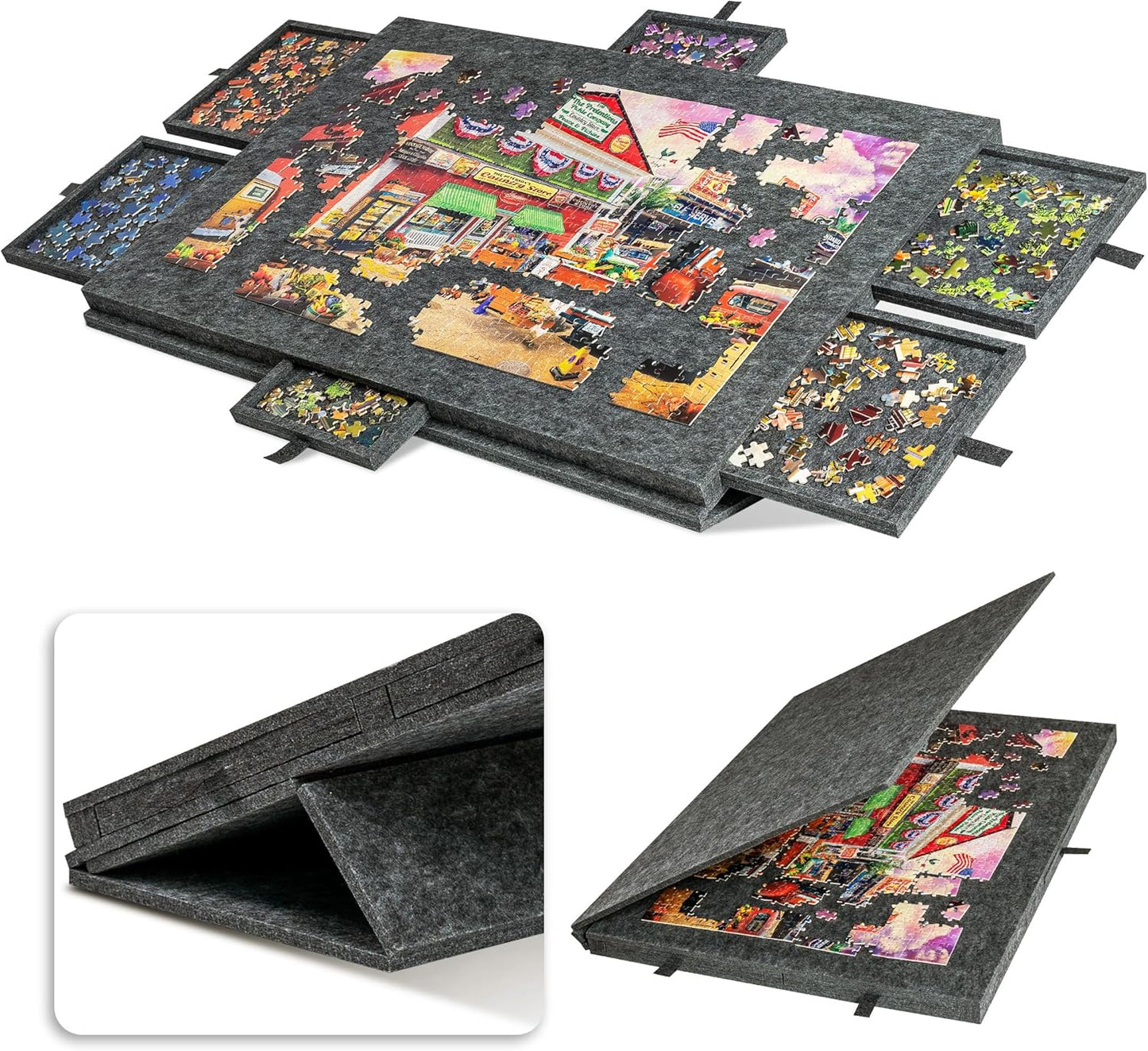 Lavievert Tilting Puzzle Board with 2-in-1 Designed Stand & Cover, Super Lightweight Felt Plateau Storage with 6 Drawers for Adults, Portable Jigsaw Puzzle Table for Up to 1000 Pieces – Gray