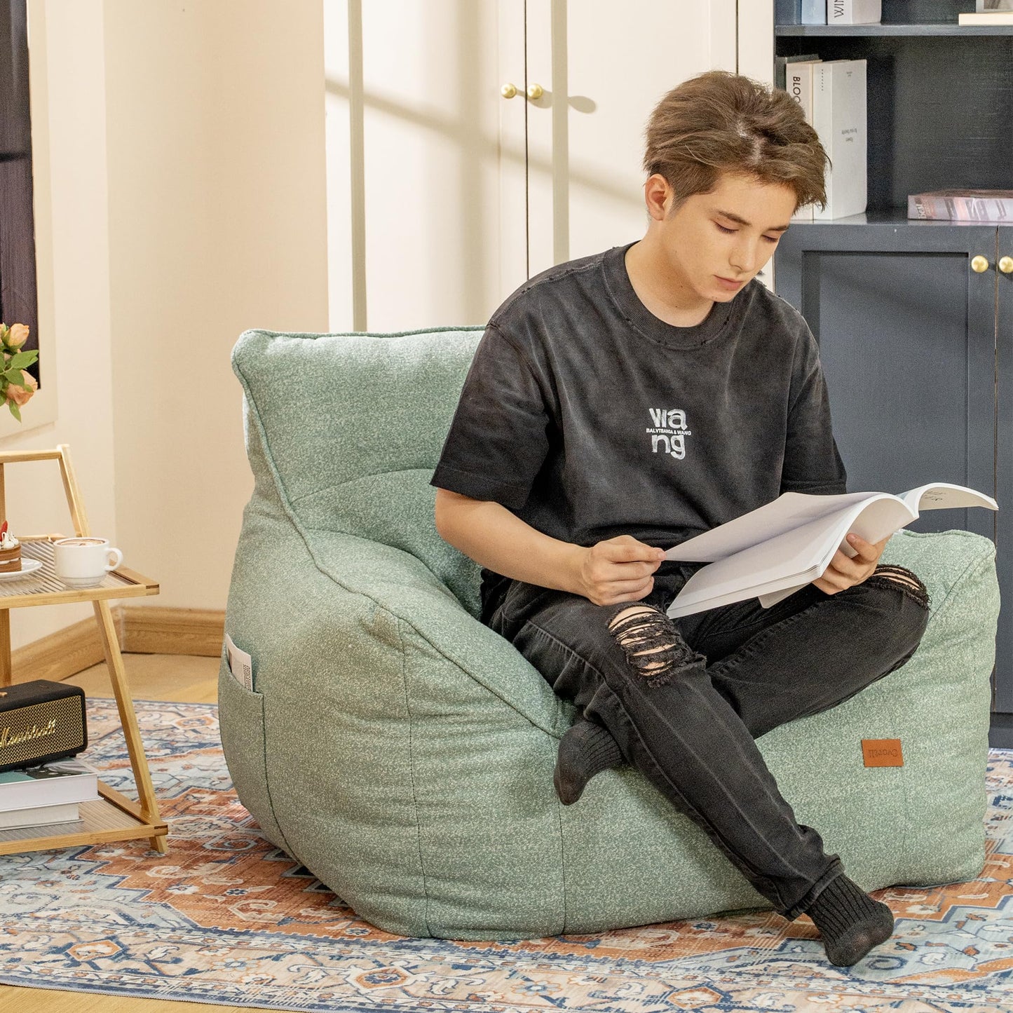 Cvortll Bean Bag Chair for Adults, Comfy Tufted Bean Bag Chair Sofa with Armrests, Lazy Beanbag Chair with Foam Filler Stuffed Bean Bag Couch Sofa for Reading in Bedroom, Living Room and Dorms
