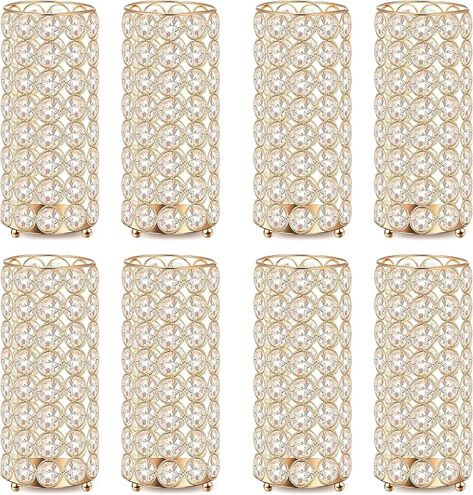 8 Pcs Gold Crystal Flower Vase and Pillar Candle Holder Set, 7.87" Metal Cylinder Stand for Wedding Table Centerpieces, Fl...