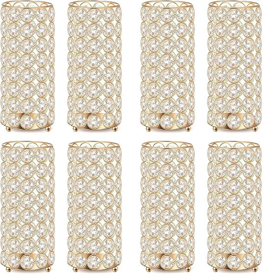 8 Pcs Gold Crystal Flower Vase and Pillar Candle Holder Set, 7.87" Metal Cylinder Stand for Wedding Table Centerpieces, Fl...