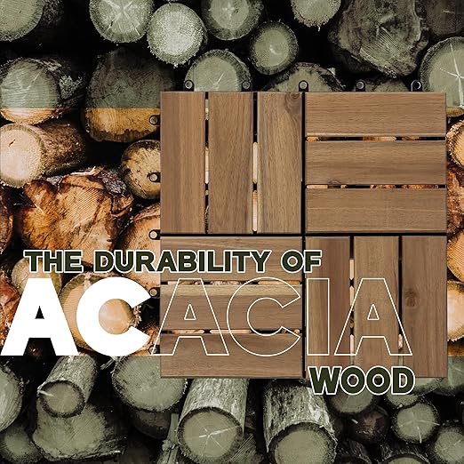VICTORY RELAX Acacia Wood Decking Tiles 9PCS - Easy Snap Interlocking Deck Tiles for Patio Poolside Balcony Decor - All Weather Waterproof Flooring for Indoor & Outdoor (Round Joints)