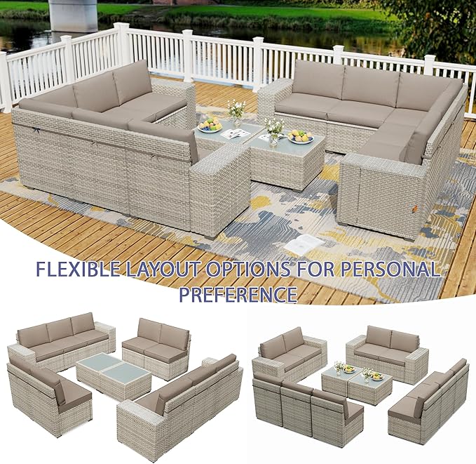 Broivira 12 Piece Patio Furniture Set, 9.8" Wide Arm Sectional Sofa with Storage Armrests, All-Weather Rattan Outdoor Conversation Set for Garden, Porch, Lawn, Backyard, Balcony, Khaki