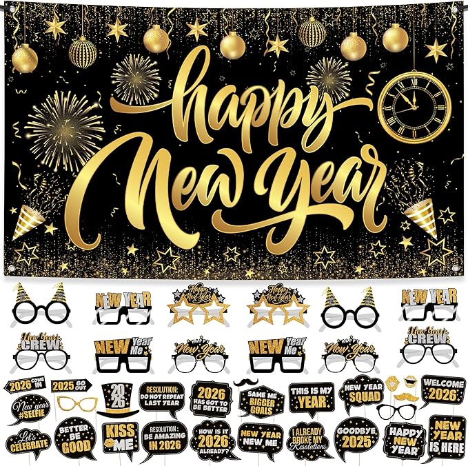 KatchOn, New Years Eve Party Supplies 2026 Set - Pack of 48 | Black and Gold Happy New Year Banner, New Year Photo Booth P...
