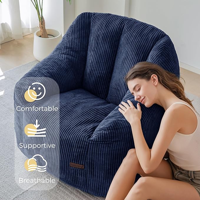 MAXYOYO Bean Bag Chair, Bean Bag Sofa with Filler, Cozy Living Room Chair for Adults and Kids, Stuffed Floor Sofa for Bedroom Dorm Reading, Navy