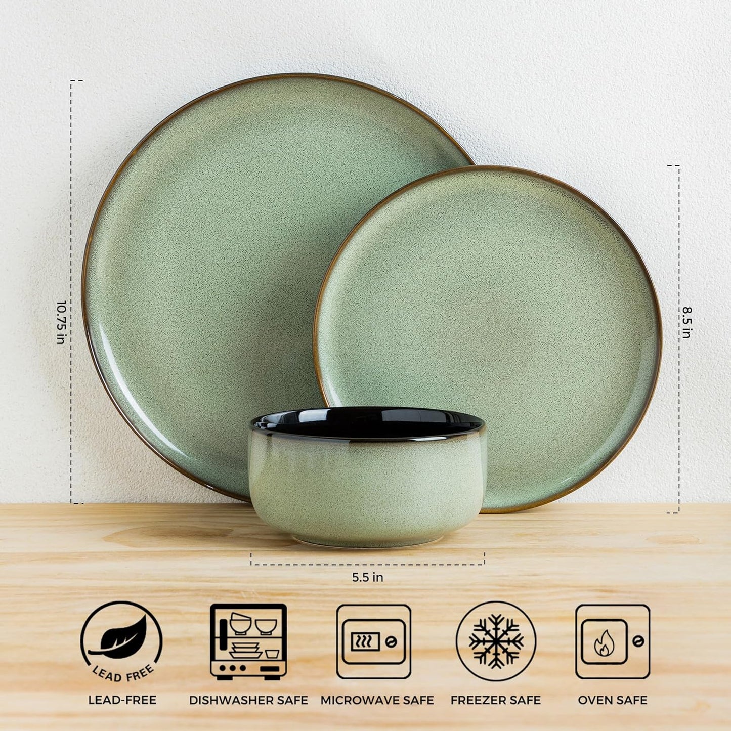 LERATIO Ceramic Dinnerware Sets for 4,12 Pieces Poreclain Plates and Bowls Sets,Scratch Resistant Dishes,Dishwasher & Microwave Safe Dishes Set,Service for 4-Light Geen