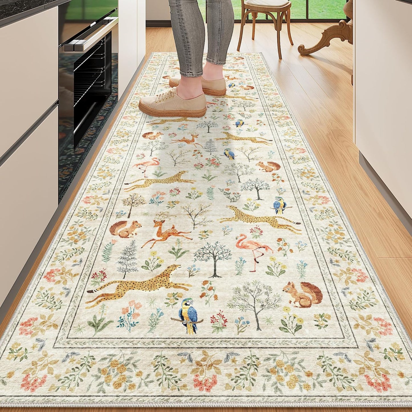 DUKINO 2x10 Rug for Hallway, Washable Kitchen Runner Rug with Non Slip Backing, Soft Low Pile Vintage Animal Runner for Bedroom, Kitchen, Hallway, Entryway, Laundry, White