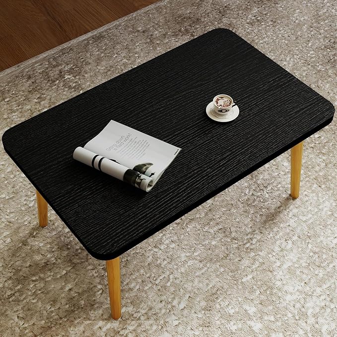 Funecy Coffee Table Low Table with Solid Wood Sturdy Legs, Floor Table Desk for Sitting on The Floor, Storage and Living Room Furniture (Black-Square)
