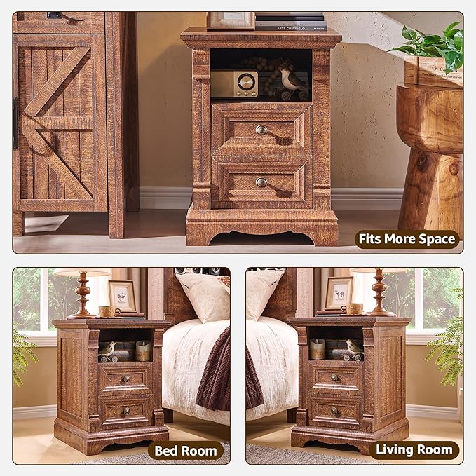 T4TREAM Farmhouse Nightstand Set of 2, 18" Sofa Side Table with Charging Station, Wooden End Table w/Roman Column, Bedside Cabinet for Bedroom, Living Room, Reclaimed Barnwood