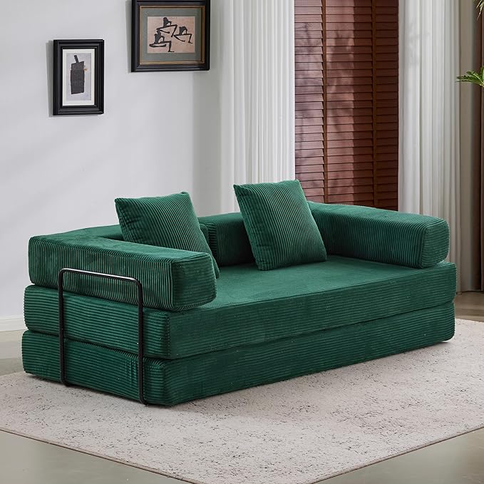 Convertible Couch Sofa Bed Foldable Floor Sleeper | Modern Fold Out Couch | Removable Backrest & Armrests | No Assembly Compression Sofa Sleeper for Living Room, Bedroom | Corduroy Fabric Green