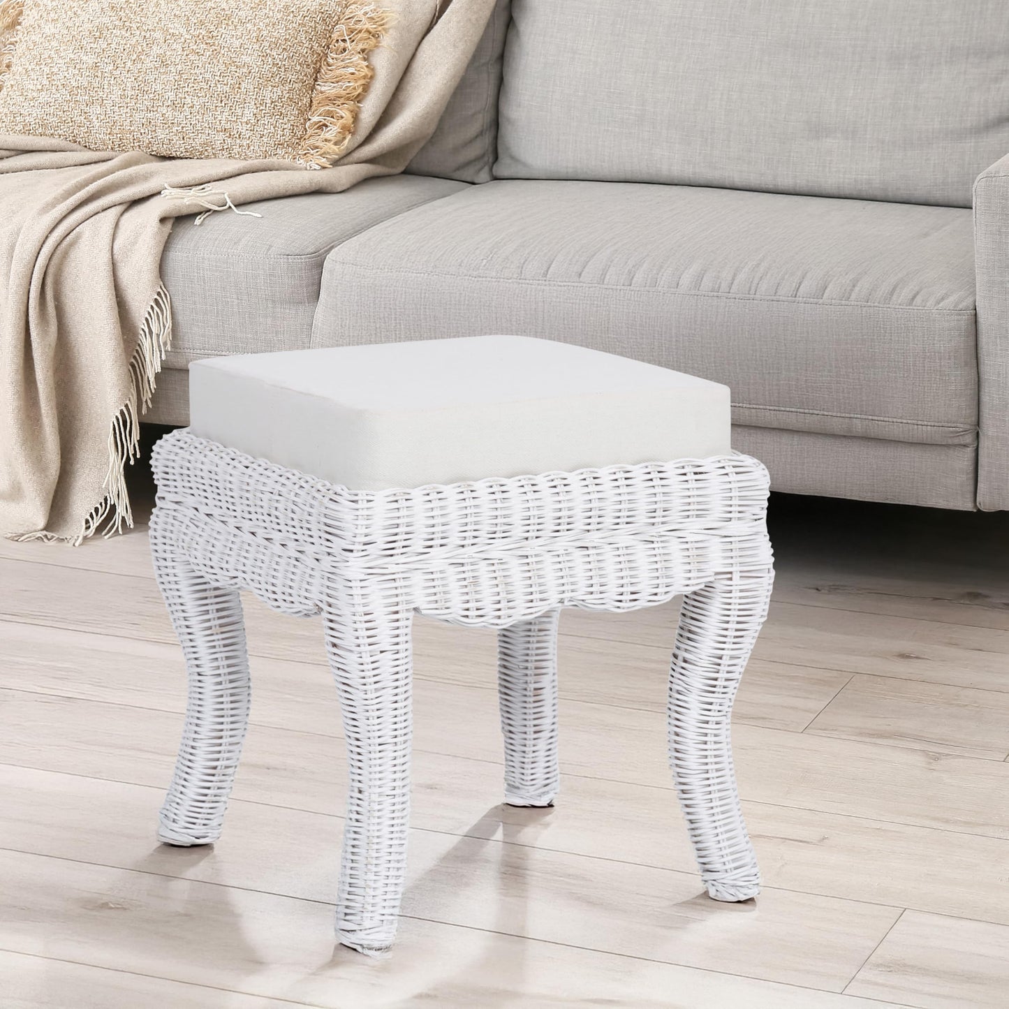 JONATHAN Y VSL1000D Rowan 19.7" Bohemian Designer Woven Rattan/Wood Ottoman Vanity Stool, White Cushion Seat with White Distressed Binded Base, for Living Room, Bedroom, Entryway, Foyer