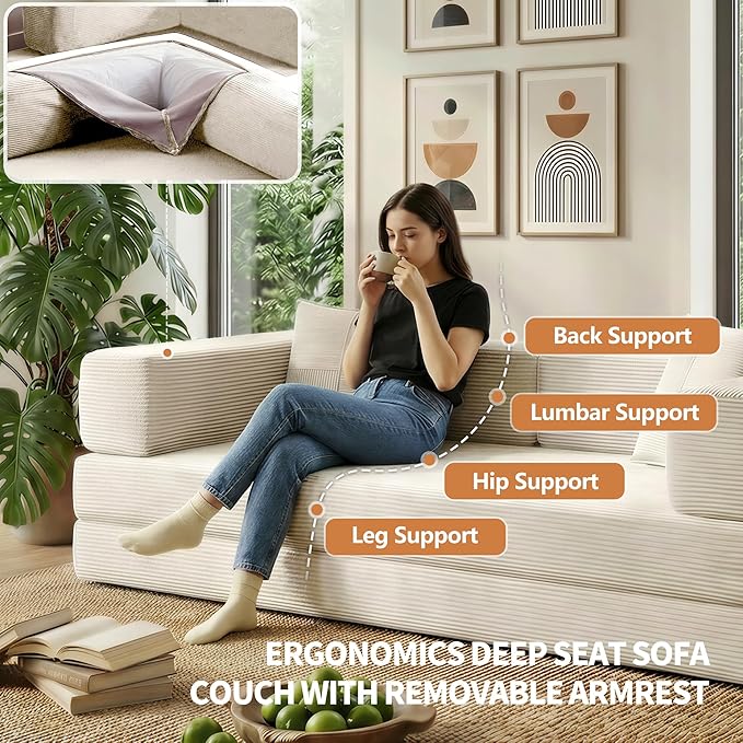 Fancyfire 78.8" Convertible Sofa Bed with Armrest Pillow,4-in-1 Sleeper Couch Bed for Livingroom,Modular Corduroy Boneless couches,No Assembly (Beige)