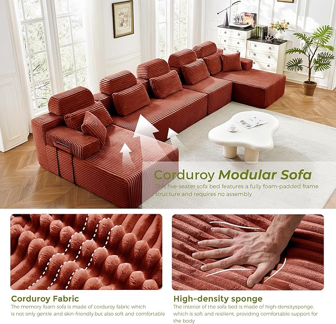 171" U-Shaped Cloud Modular Sectional Sofa with Chaise & Headrest, Boneless Deep Seat Plush Corduroy Couches for Large Living Room, No Assembly Required (Orange, 171" U-shapred Chaise)