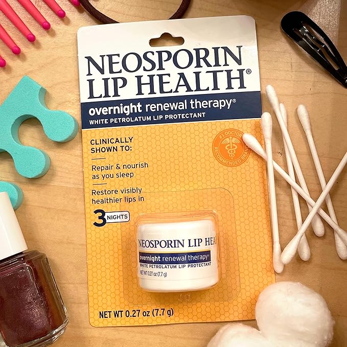 Neosporin Lip Health Overnight Renewal Therapy White Petrolatum Lip Protectant/Moisturizer to Nourish & Repair Dry Lips, Helps Relieve, Prevent & Protect Chapped Lips, 0.27 oz, 2 Pack