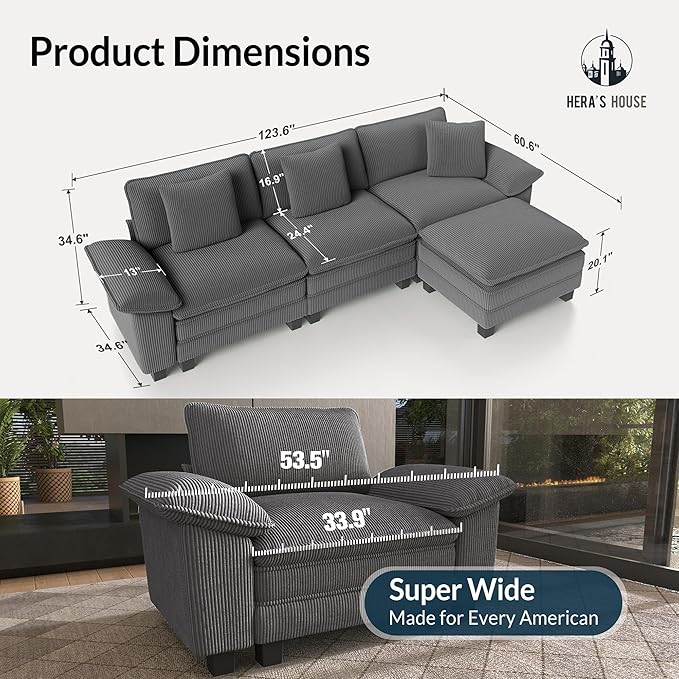 HERA'S HOUSE 124" Modular Sectional Sofa, Oversized L Shaped Couches for Living Room, Comfy Cloud Couch with Ottoman, 4-Seater Deep Seat Sofa with Throw Pillow, Corduroy Grey