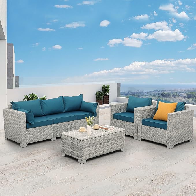 WAROOM Patio Furniture Set 4 Piece Wicker Conversation Sets PE Rattan Chair Outdoor Couch Sectional Sofa with Storage Table, Peacock Blue Cushion