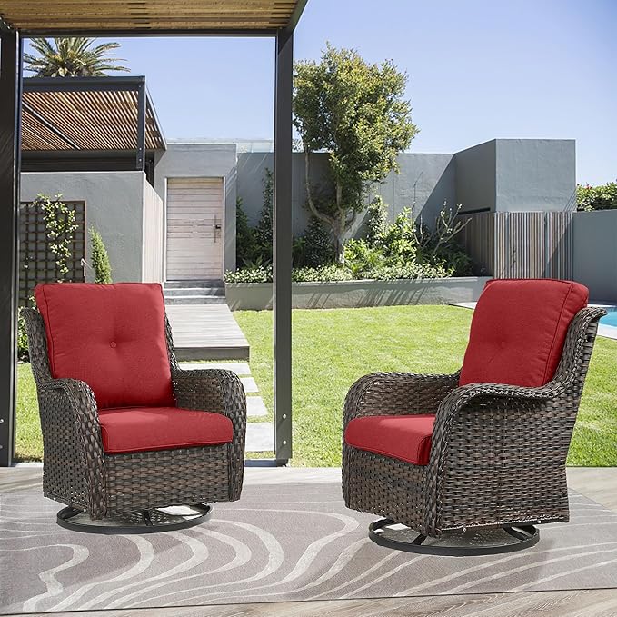 Belord Outdoor Swivel Rocker Patio Chairs - 360 Degree Swivel Glider Seating Wicker Rocking Chairs Set of 2 with High Back Deep Seat for Porch Balcony Deck, Brown/Red