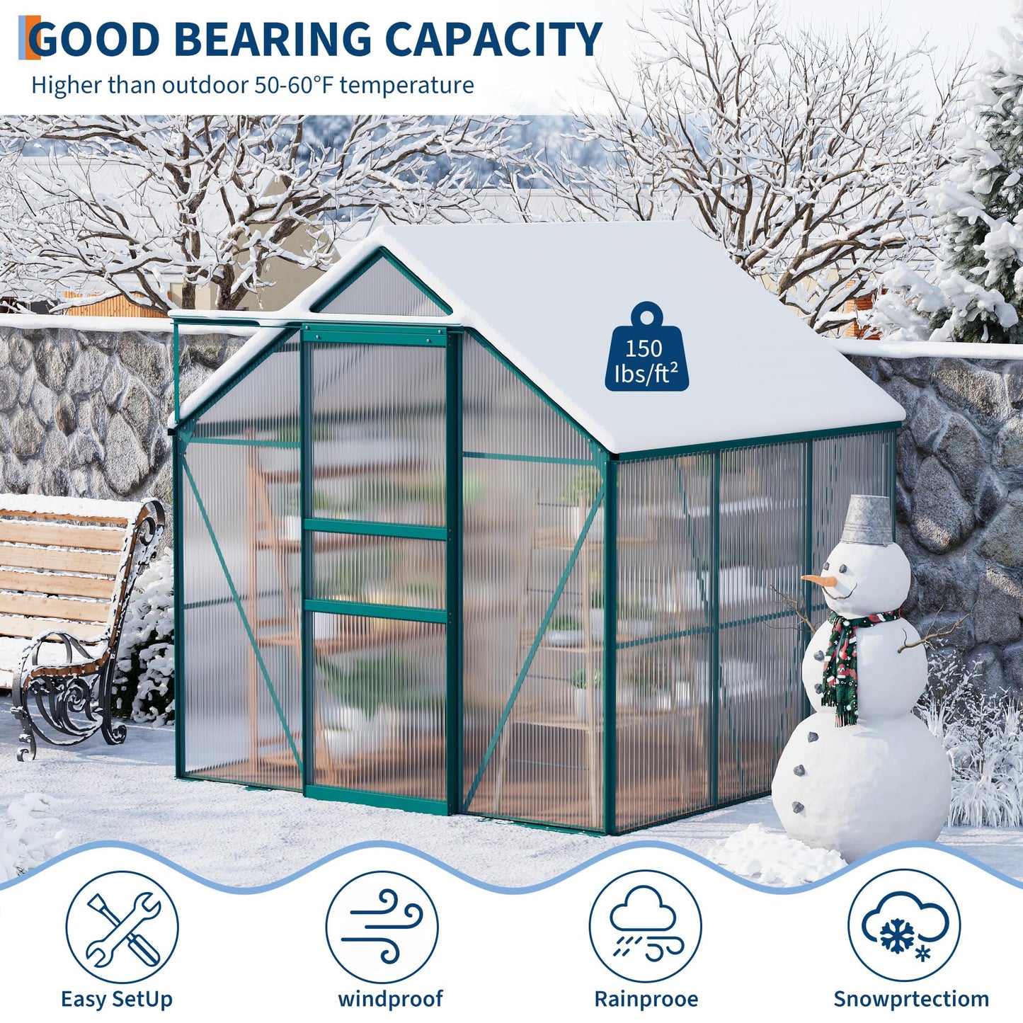 CABIHOME 6 x 6 FT Greenhouses for Outside, Polycarbonate Greenhouse with Aluminum Frame, Sliding Door, Adjustable Roof Vent, Backyard Green Houses, Patio Garden, Black (Green, 6x6 FT)